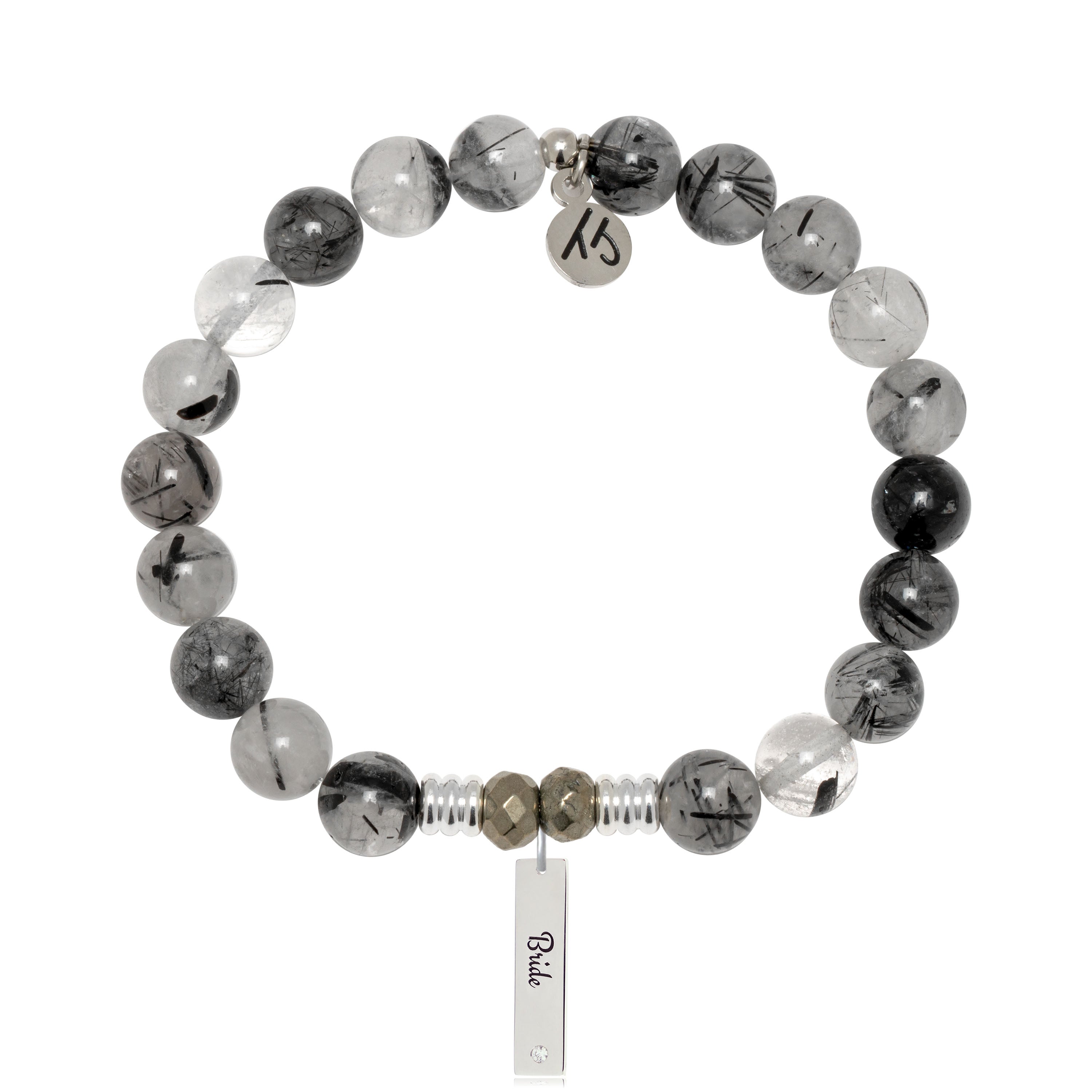 Bridal Collection: Rutilated Quartz Gemstone Bracelet with Bride Sterling Silver Charm Bar
