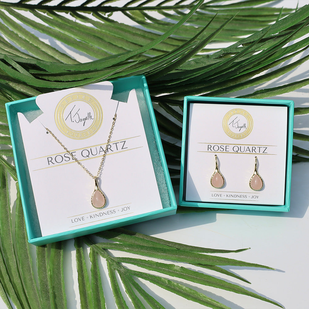 Bundle Gemstone Collection: Rose Quartz Stone Charm Necklace & Earrings