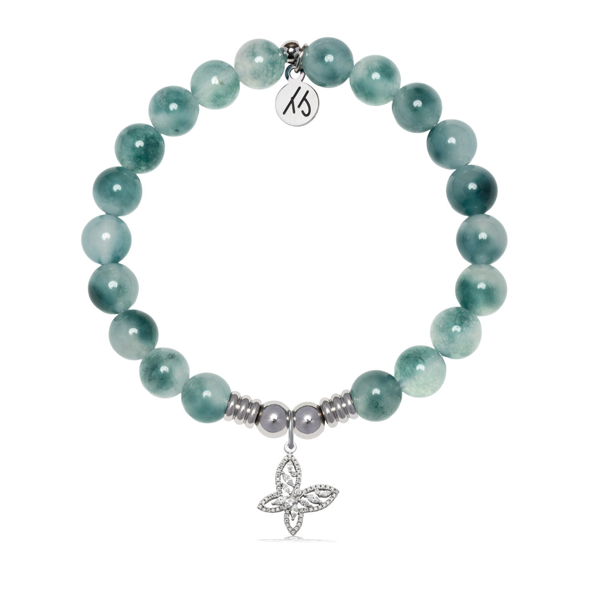 Butterfly CZ Charm with Teal White Jade Gemstone Bracelet