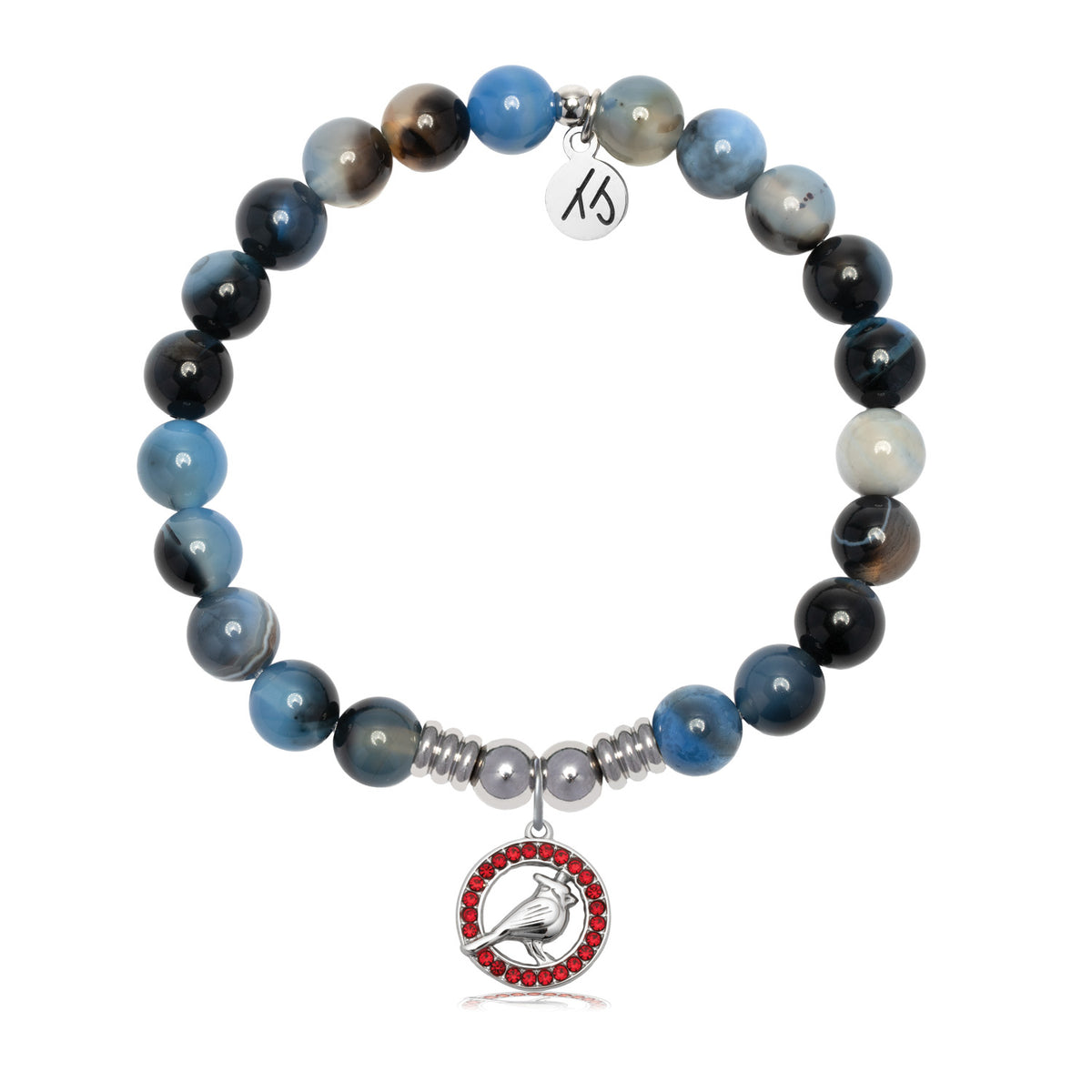 Cardinal Garnet CZ Charm with Black and Blue Agate Gemstone Bracelet