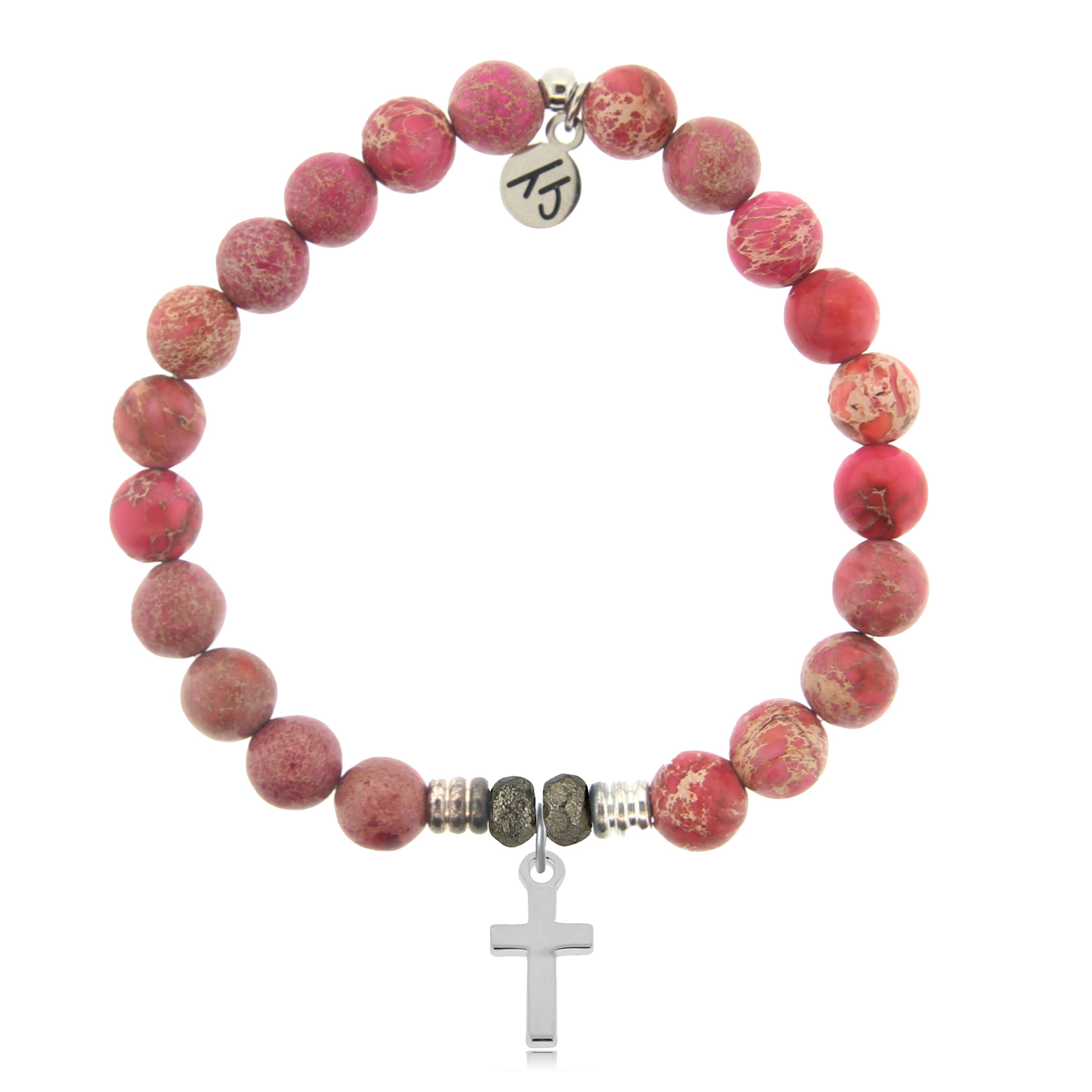 Cranberry Jasper Gemstone Bracelet with Cross Sterling Silver Charm