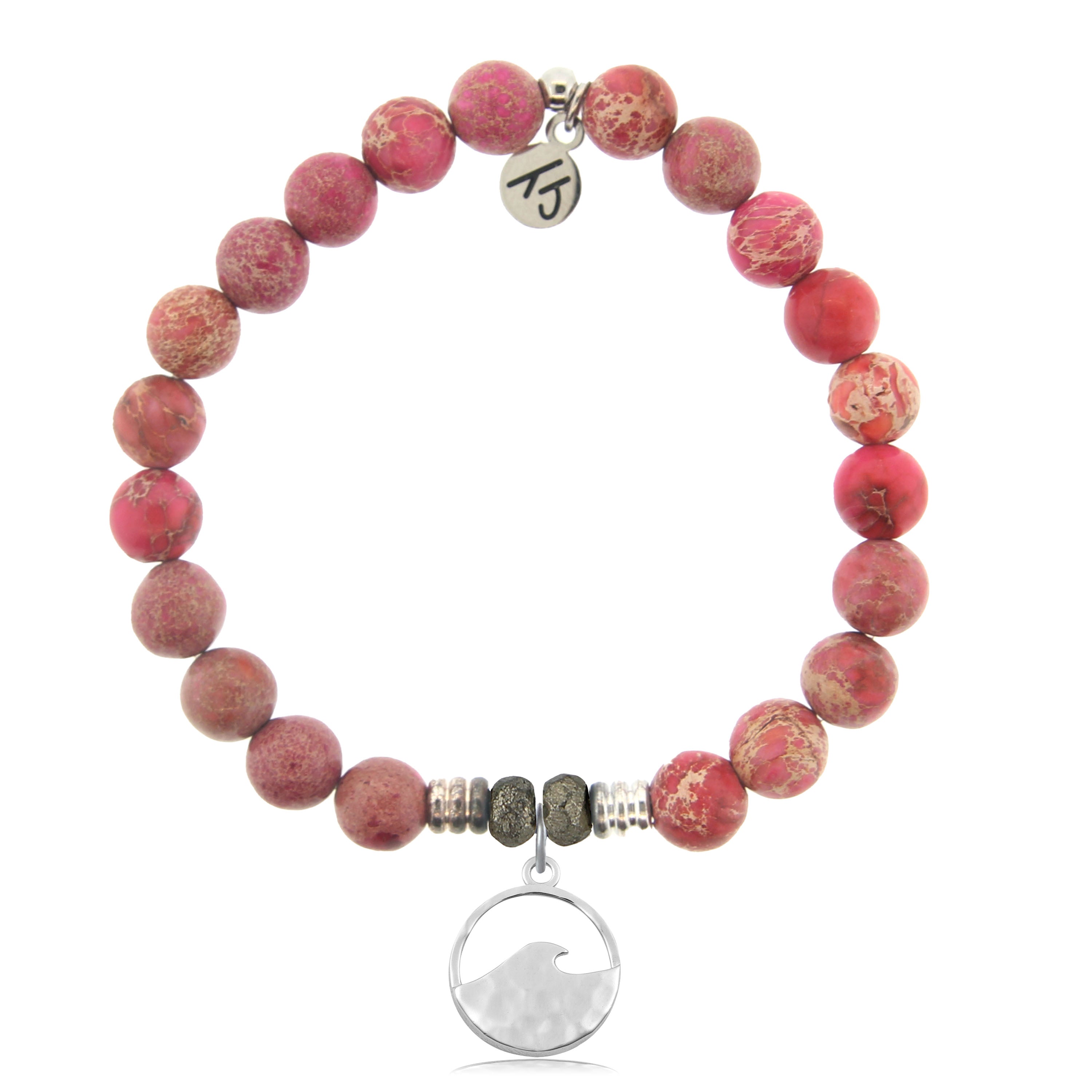 Cranberry Jasper Gemstone Bracelet with Hammered Waves Sterling Silver Charm
