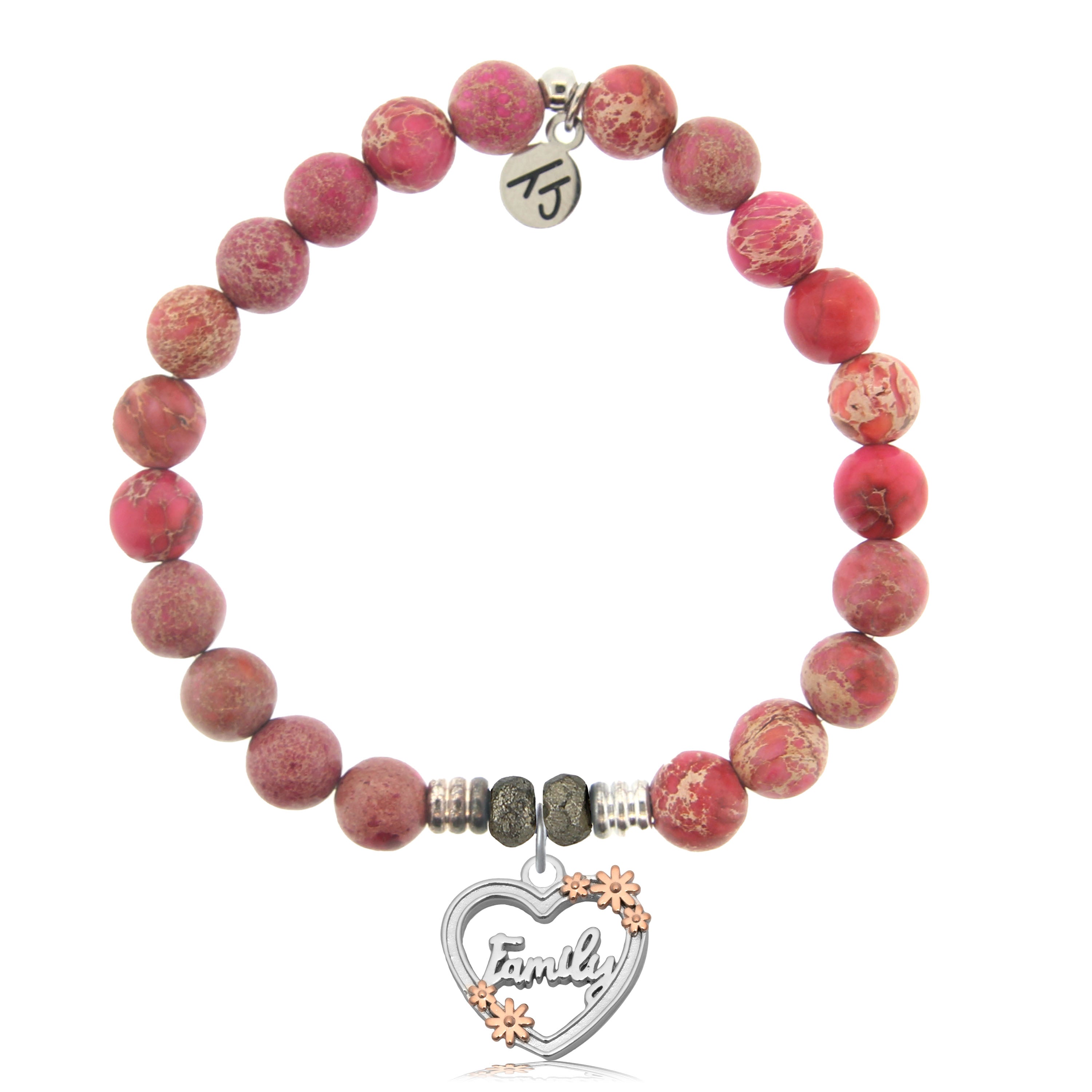 Cranberry Jasper Gemstone Bracelet with Heart Family Sterling Silver Charm