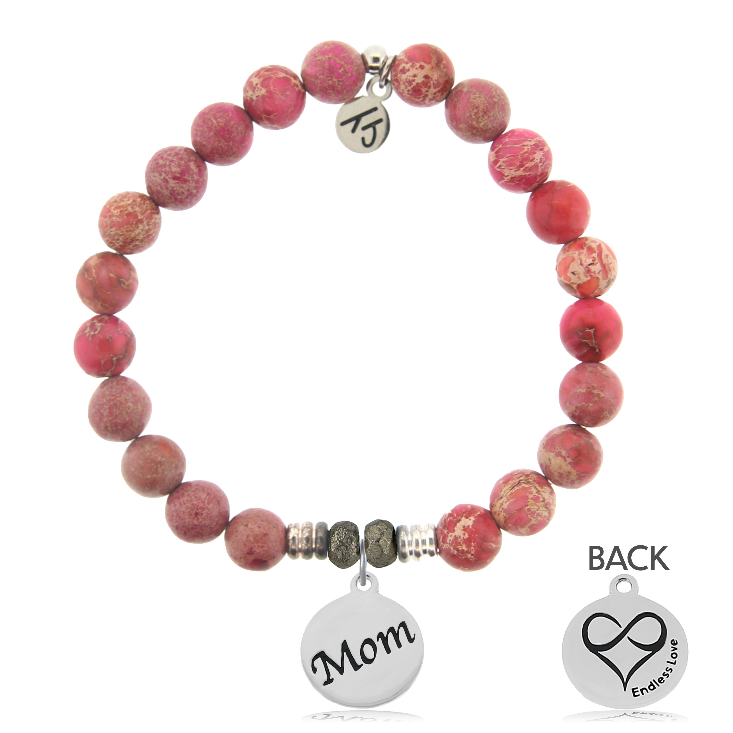 Cranberry Jasper Gemstone Bracelet with Mom Sterling Silver Charm