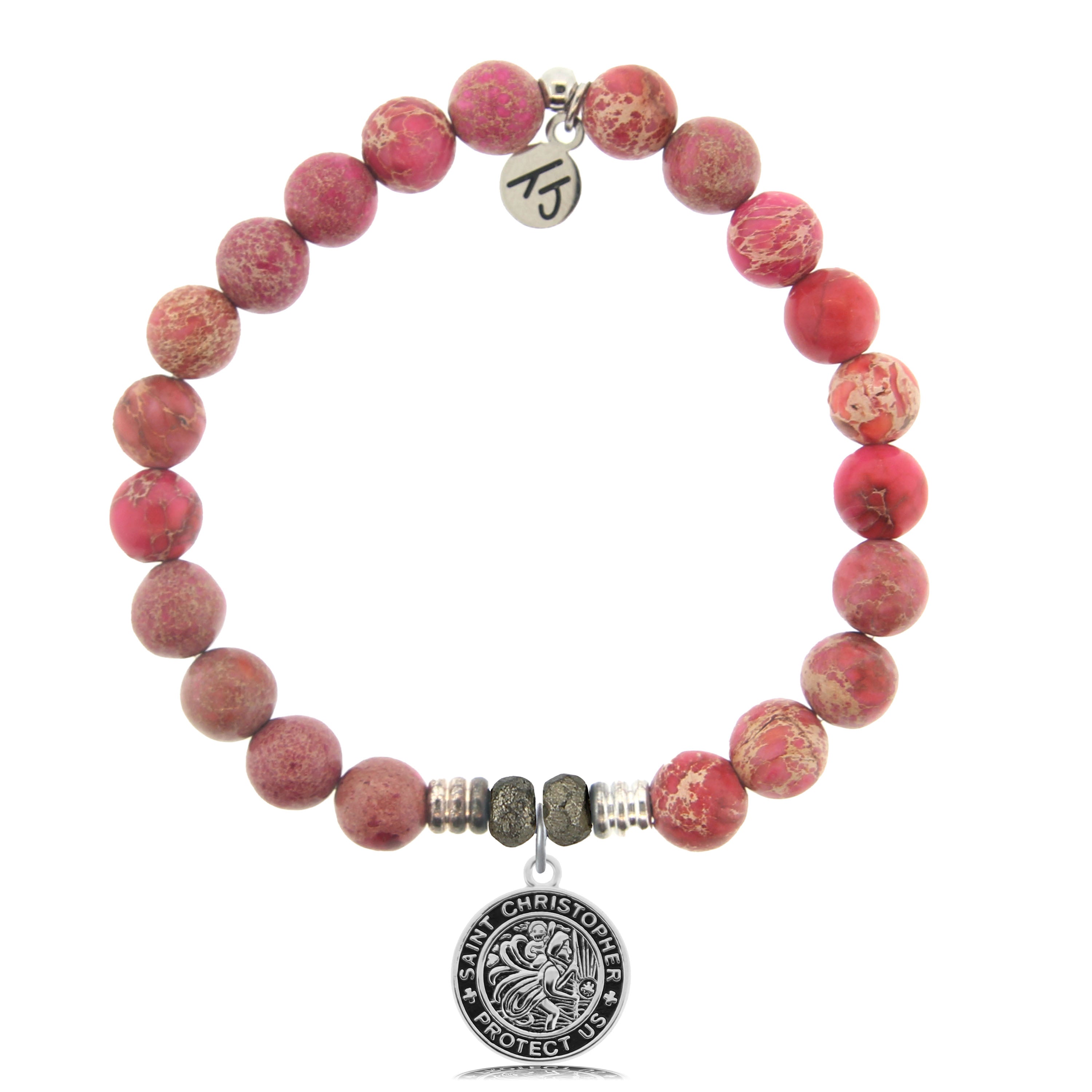 Cranberry Jasper Gemstone Bracelet with Saint Christopher Sterling Silver Charm