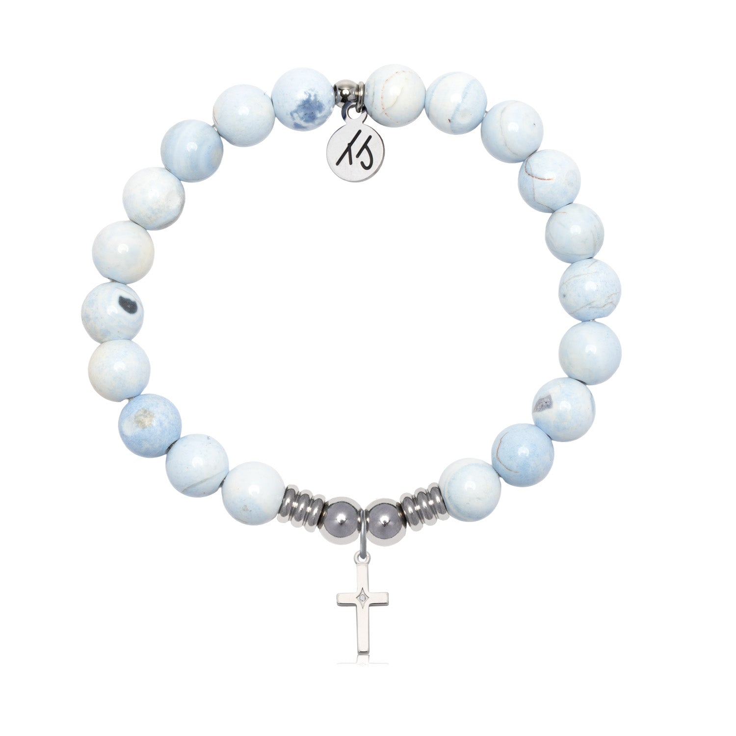 Cross CZ Charm with Light Blue White Agate Gemstone Bracelet