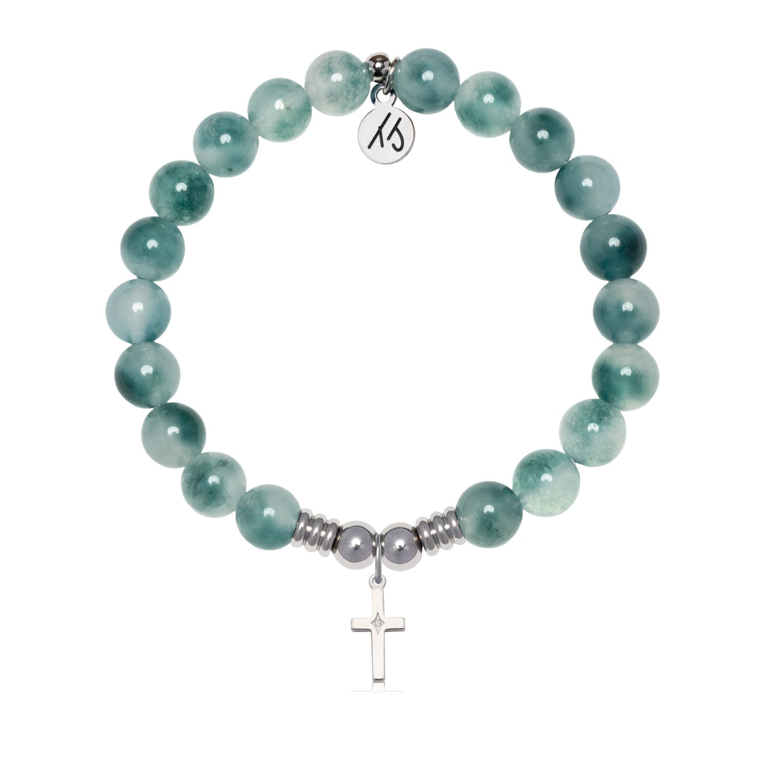 Cross CZ Charm with Teal White Jade Gemstone Bracelet