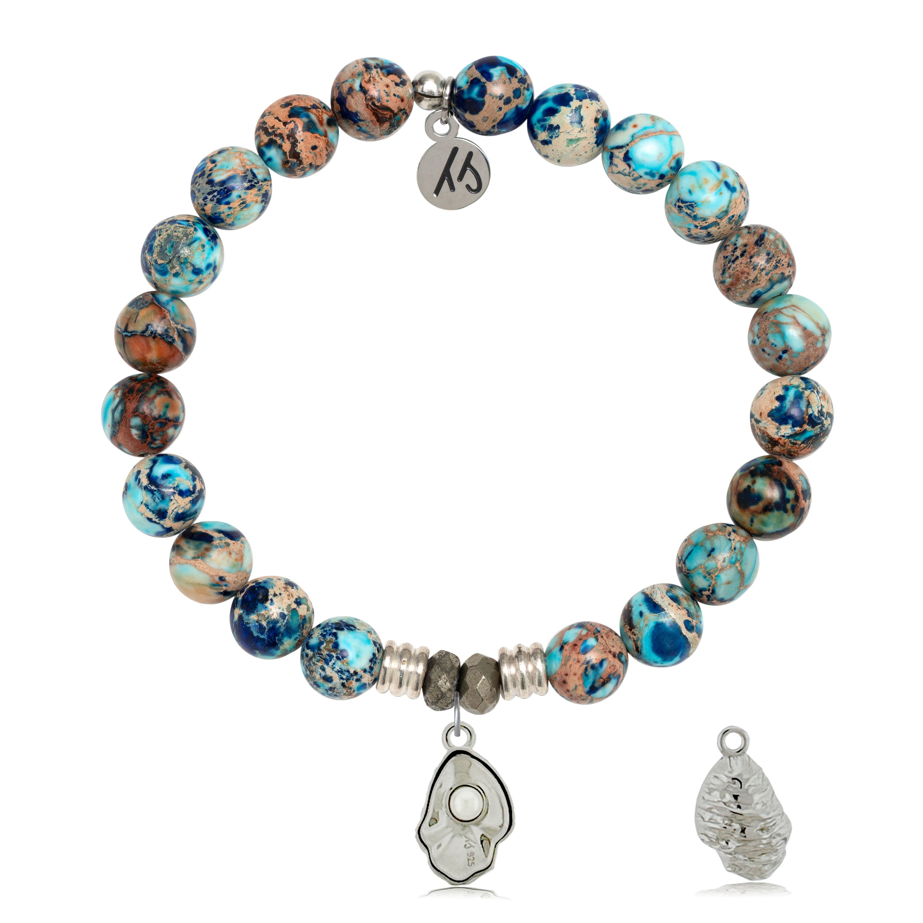 Earth Jasper Gemstone Bracelet with Oyster Sterling Silver Charm
