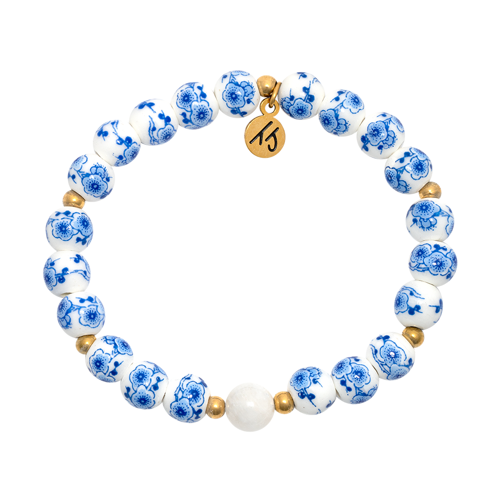 Floral Moments Bracelet- Blue Painted Porcelain Beads