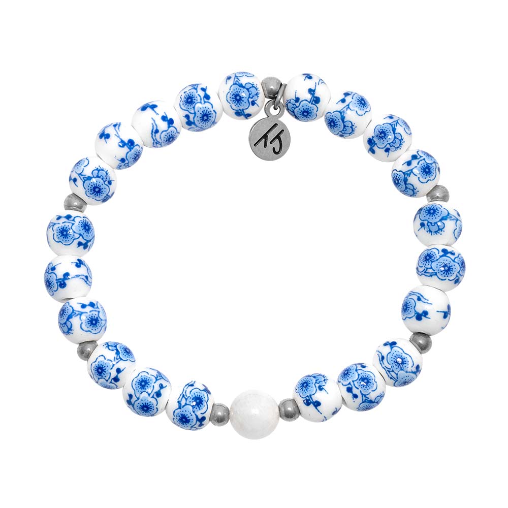Floral Moments Bracelet- Blue Painted Porcelain Beads With Silver