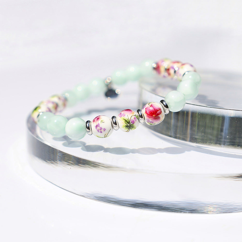 Floral Moments Bracelet- Green Angelite and Orchid Painted Porcelain Beads