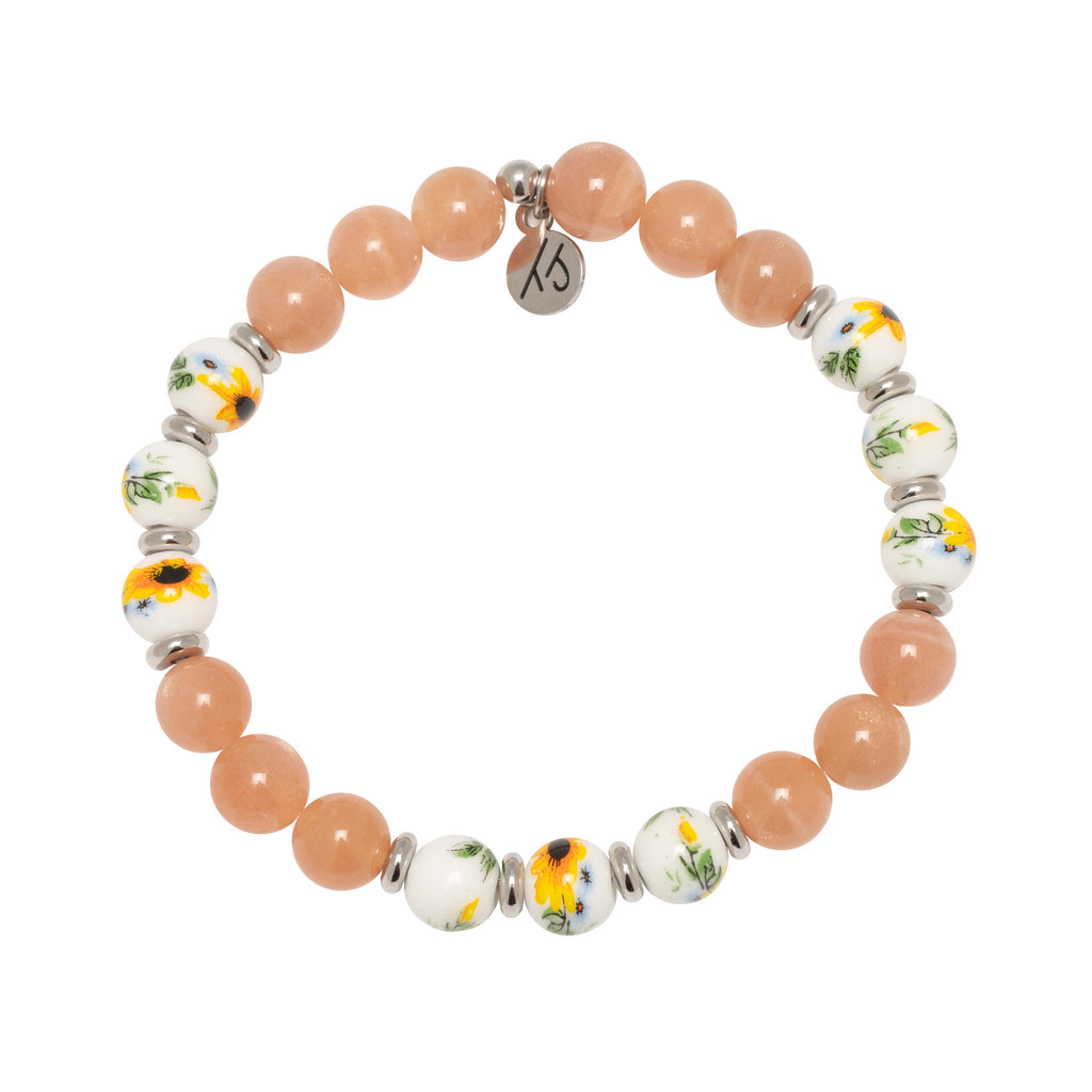 Floral Moments Bracelet- Peach Moonstone and Sunflower Painted Porcelain Beads