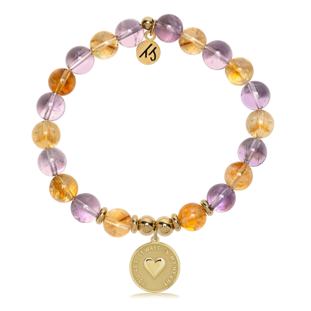 Gold Charm Collection - Amethyst Citrine Gemstone Bracelet with Always in My Heart Gold Charm