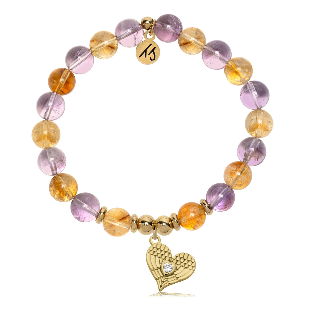 Gold Charm Collection - Amethyst Citrine Gemstone Bracelet with Angel Love Gold Charm