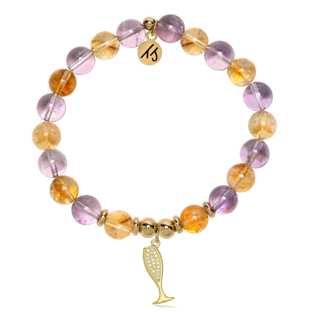 Gold Charm Collection - Amethyst Citrine Gemstone Bracelet with Cheers Gold Charm