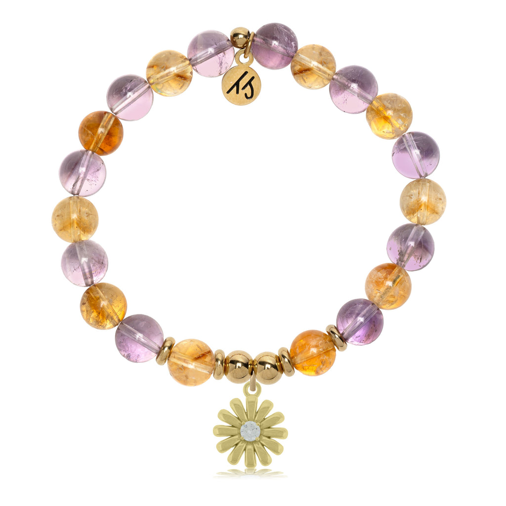 Gold Charm Collection - Amethyst Citrine Gemstone Bracelet with Daisy Gold Charm