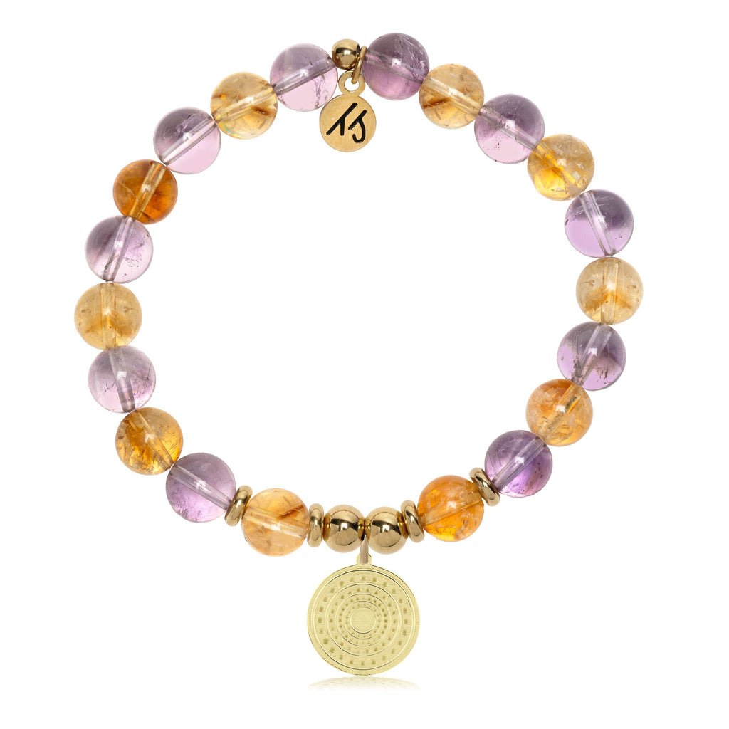 Gold Charm Collection - Amethyst Citrine Gemstone Bracelet with Family Circle Gold Charm