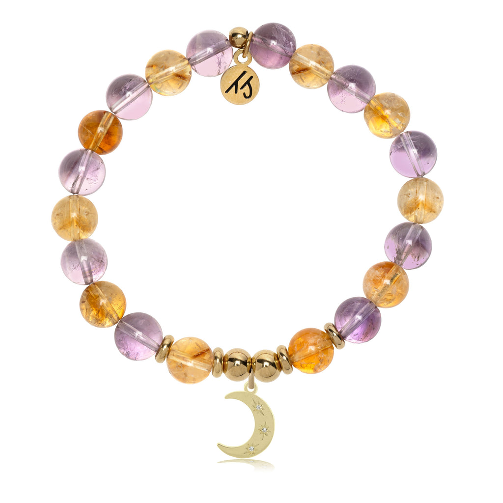 Gold Charm Collection - Amethyst Citrine Gemstone Bracelet with Friendship Stars Gold Charm