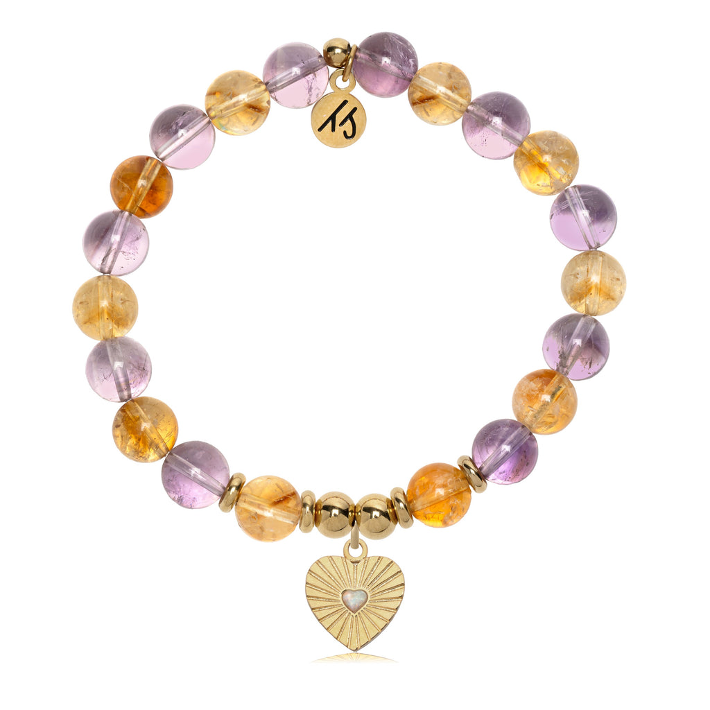 Gold Charm Collection - Amethyst Citrine Gemstone Bracelet with Heart Gold Charm
