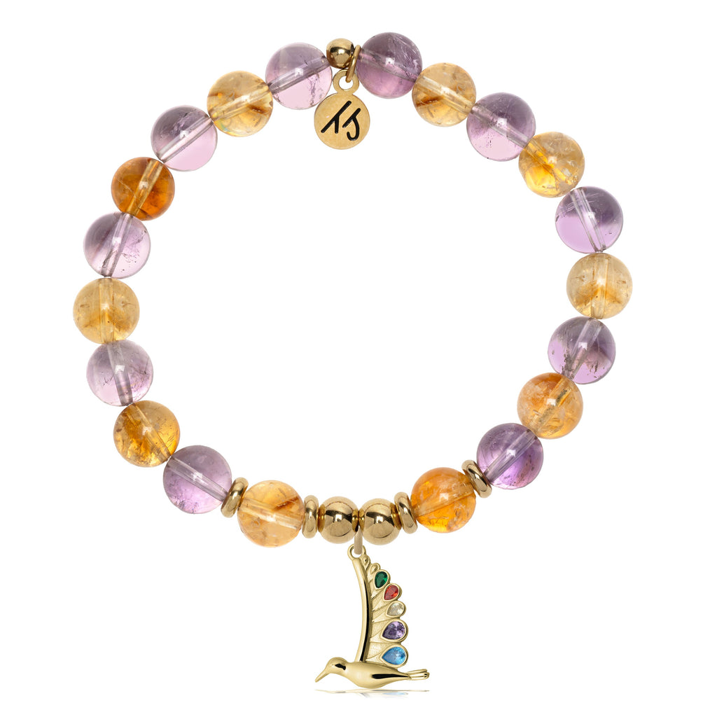 Gold Charm Collection - Amethyst Citrine Gemstone Bracelet with Hummingbird Gold Charm
