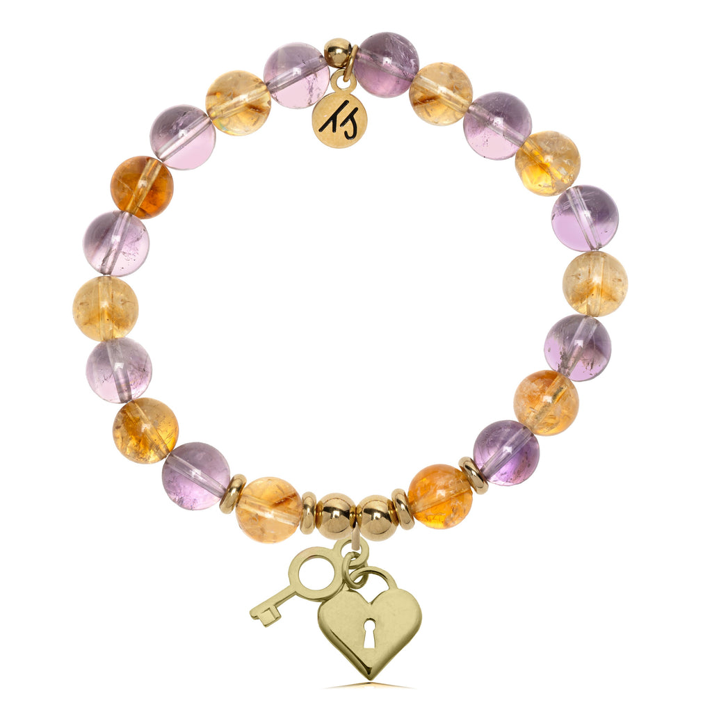 Gold Charm Collection - Amethyst Citrine Gemstone Bracelet with Key to My Heart Gold Charm