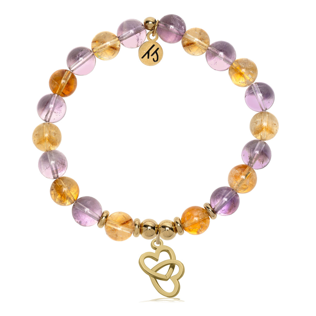 Gold Charm Collection - Amethyst Citrine Gemstone Bracelet with Linked Hearts Gold Charm