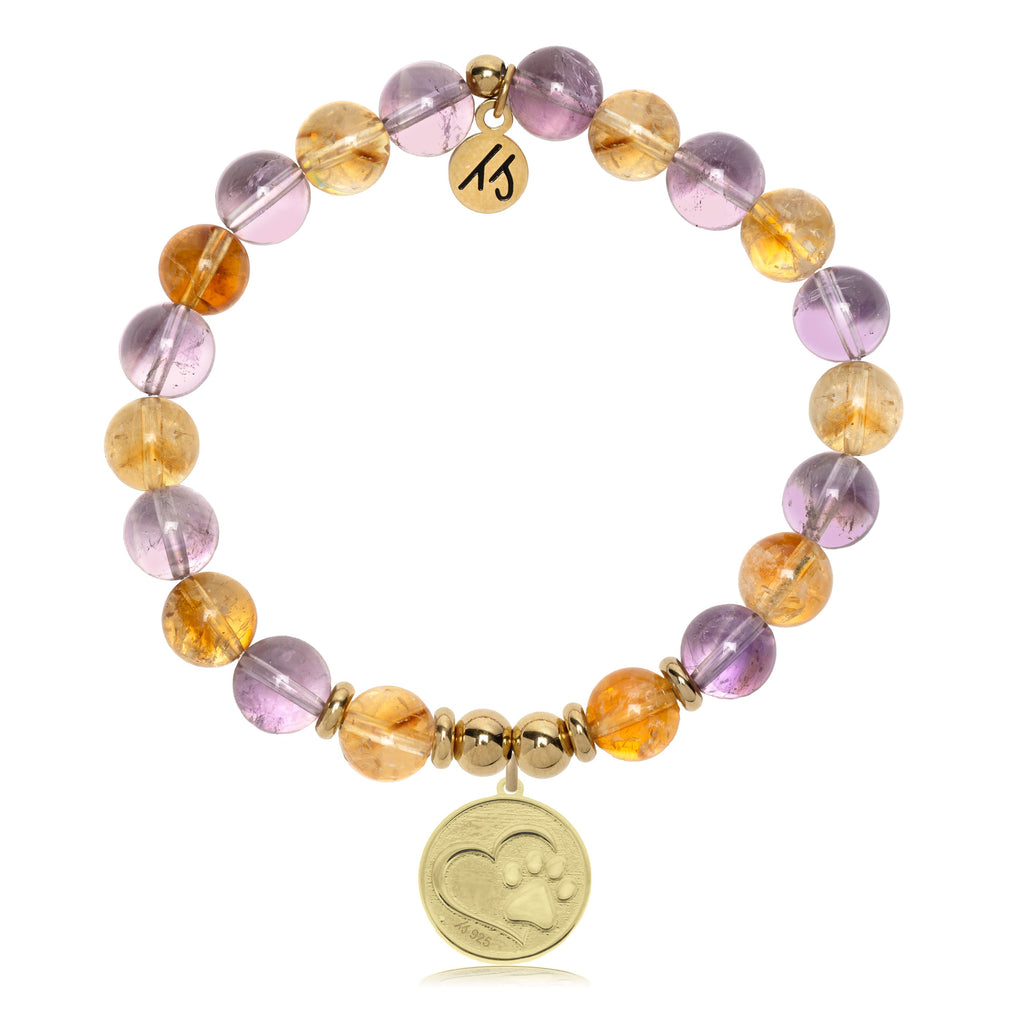 Gold Charm Collection - Amethyst Citrine Gemstone Bracelet with Paw Print Gold Charm