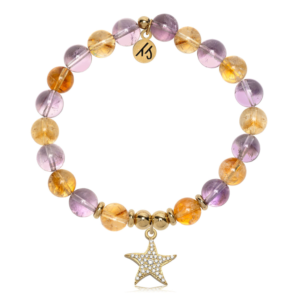 Gold Charm Collection - Amethyst Citrine Gemstone Bracelet with Starfish Gold Charm