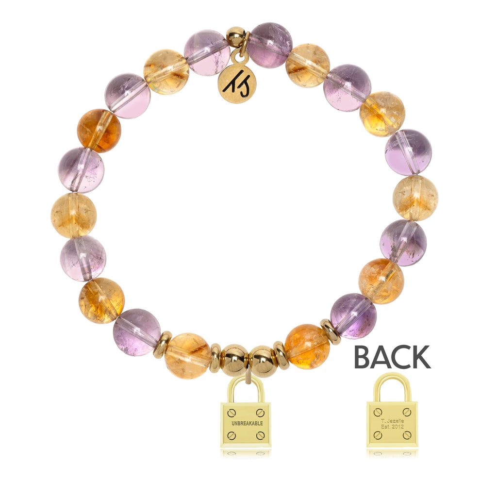 Gold Charm Collection - Amethyst Citrine Gemstone Bracelet with Unbreakable Gold Charm