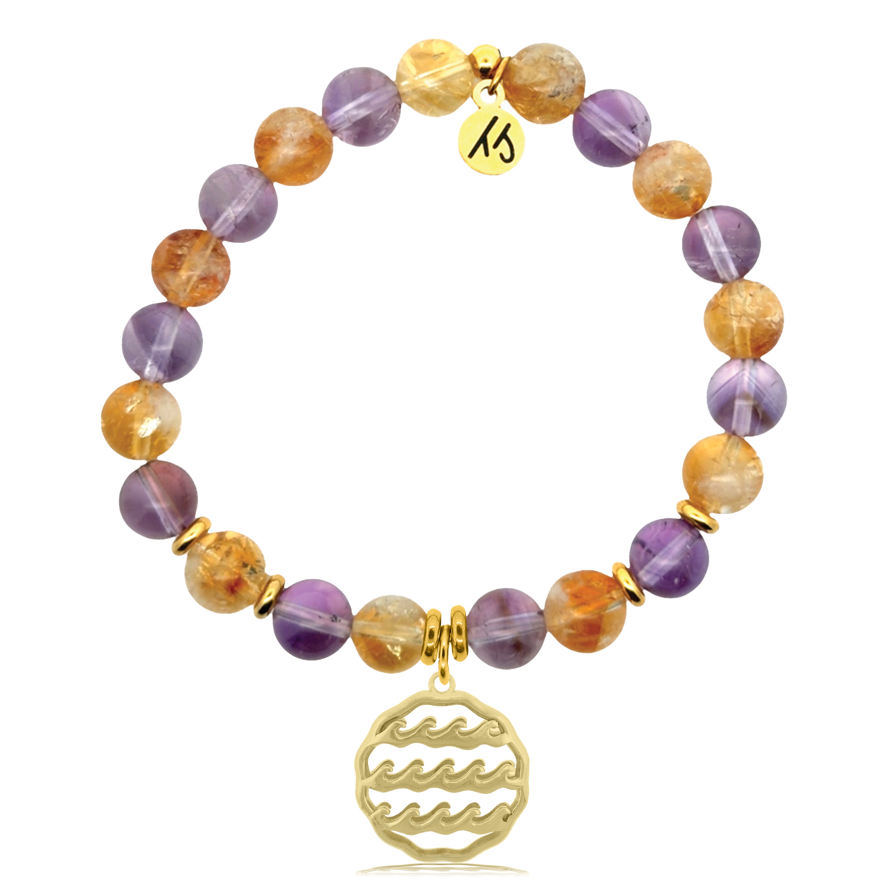 Gold Charm Collection - Amethyst Citrine Gemstone Bracelet with Waves of Life Gold Charm