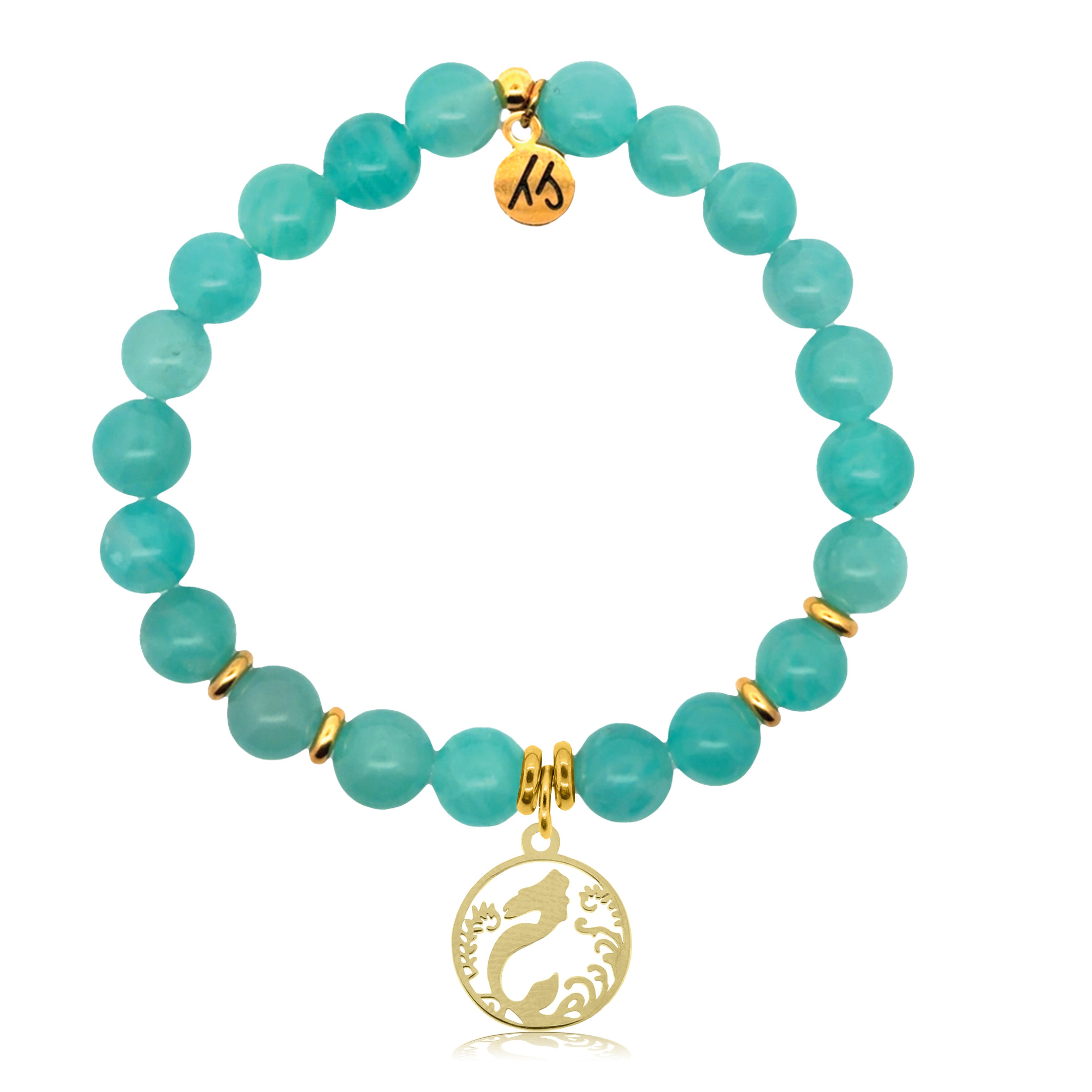 Gold Charm Collection - Aqua Amazonite Gemstone Bracelet with Mermaid Gold Charm