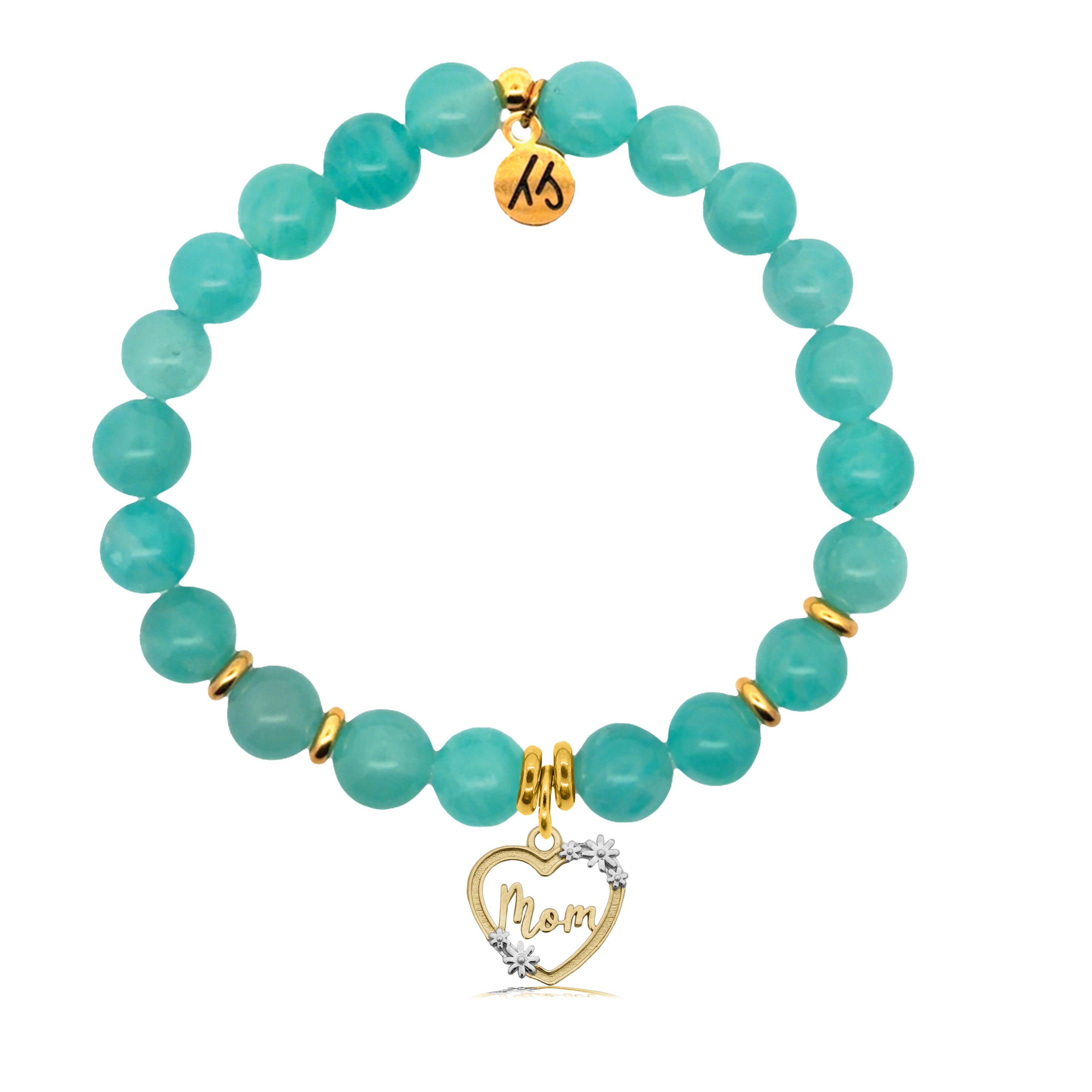 Gold Charm Collection - Aqua Amazonite Gemstone Bracelet with Mom Heart Gold Charm