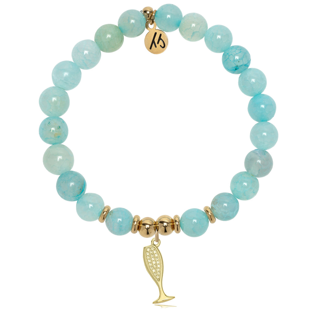 Gold Charm Collection - Aqua Fire Agate Gemstone Bracelet with Cheers Charm
