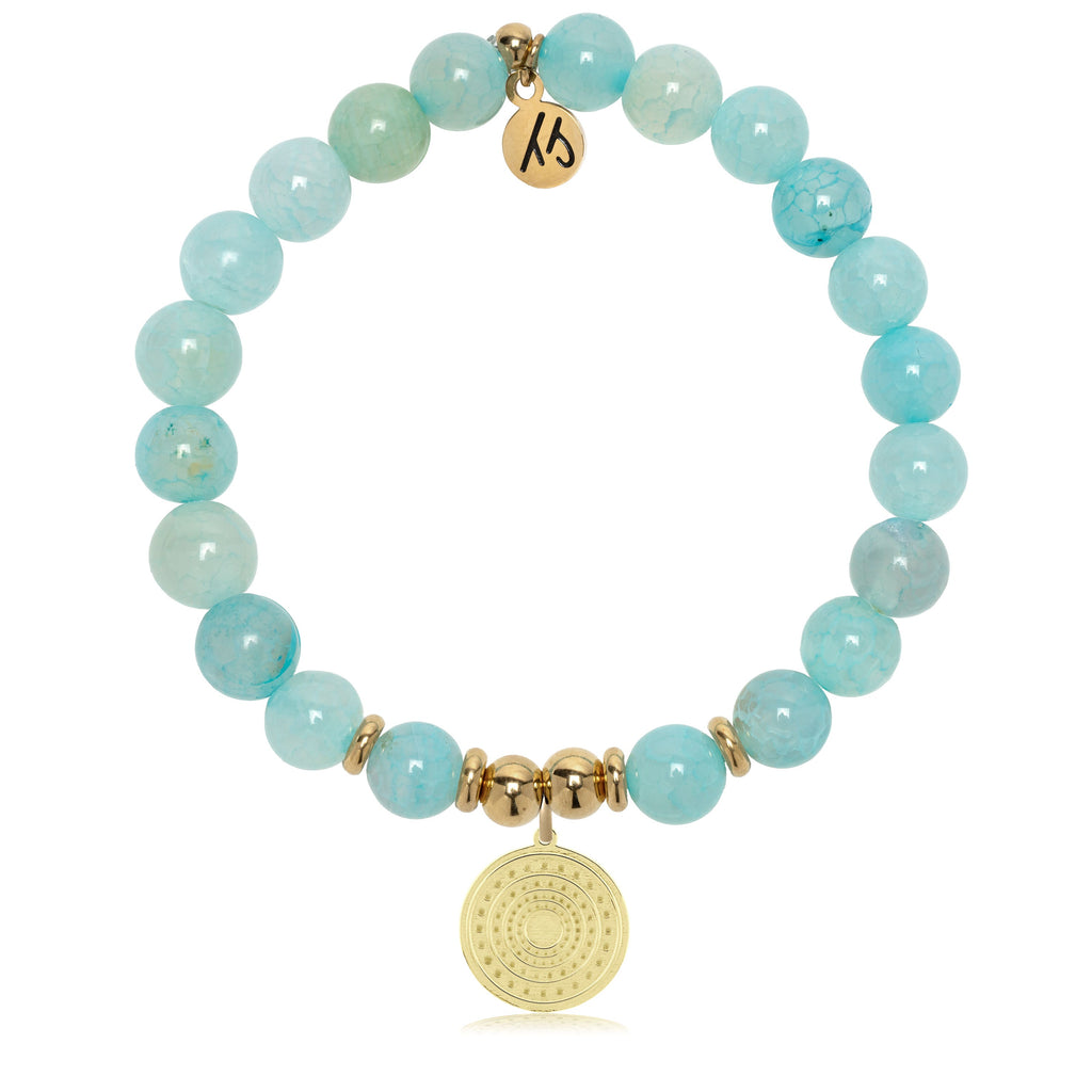 Gold Charm Collection - Aqua Fire Agate Gemstone Bracelet with Family Circle Gold Charm
