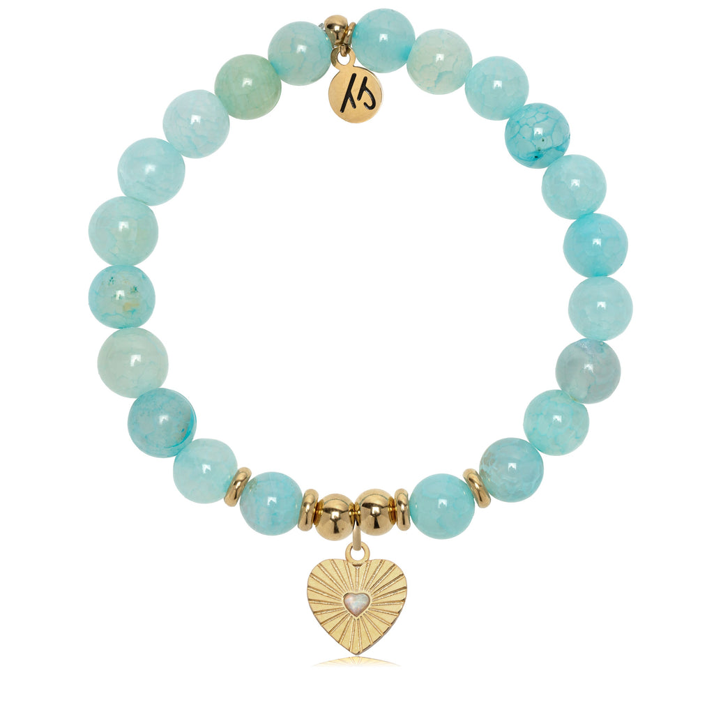 Gold Charm Collection - Aqua Fire Agate Gemstone Bracelet with Heart Gold Charm