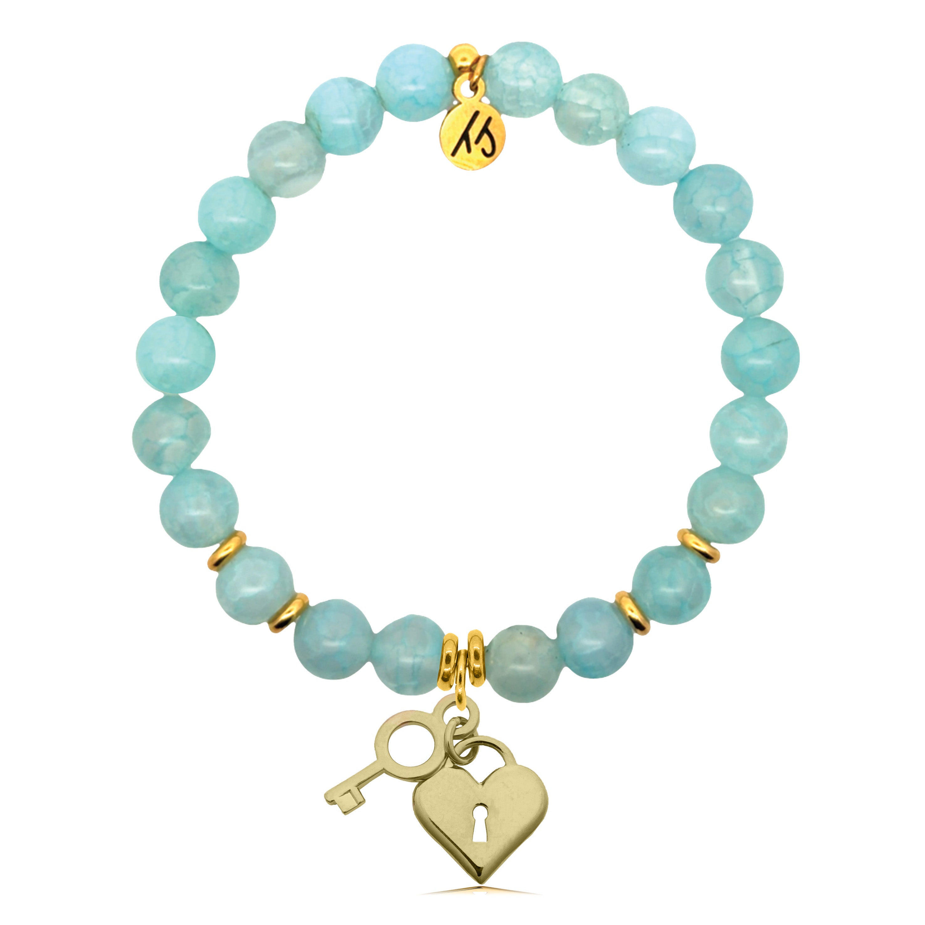 Gold Charm Collection - Aqua Fire Agate Gemstone Bracelet with Key To My Heart Gold Charm
