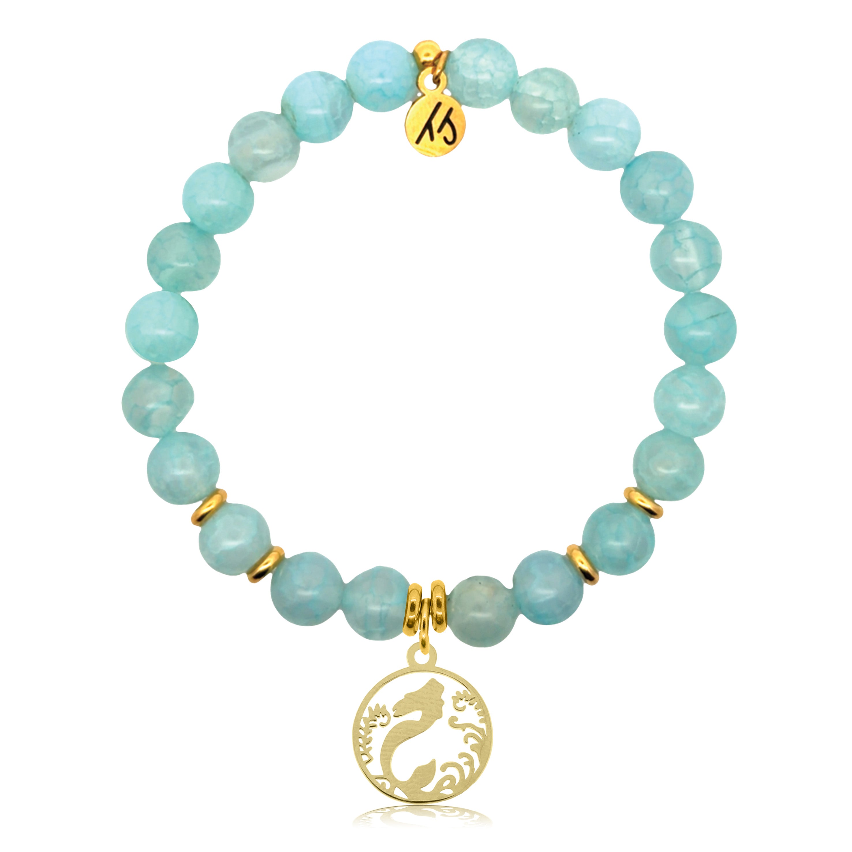 Gold Charm Collection - Aqua Fire Agate Gemstone Bracelet with Mermaid Gold Charm