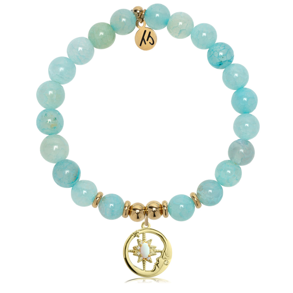 Gold Charm Collection - Aqua Fire Agate Gemstone Bracelet with Moonlight Gold Charm