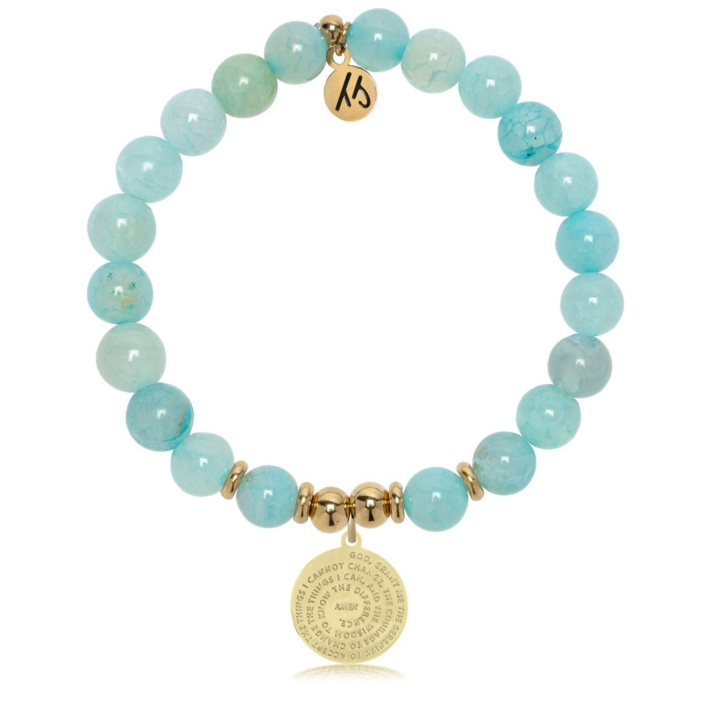 Gold Charm Collection - Aqua Fire Agate Gemstone Bracelet with Serenity Prayer Gold Charm