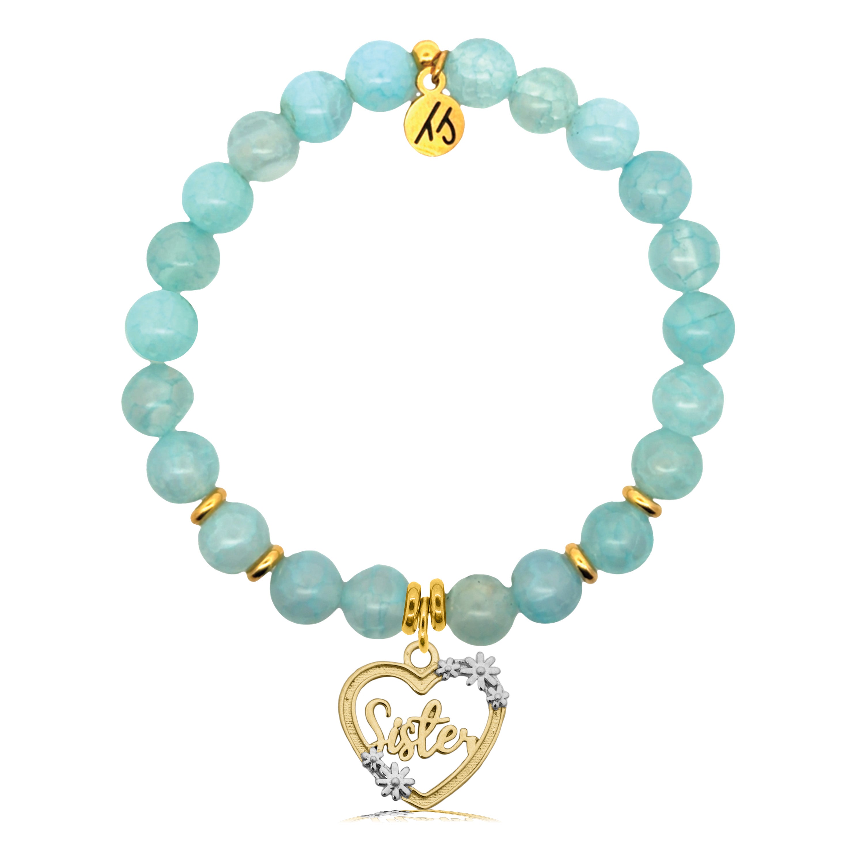Gold Charm Collection - Aqua Fire Agate Gemstone Bracelet with Sister Heart Gold Charm