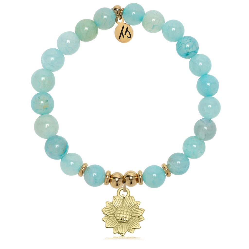 Gold Charm Collection - Aqua Fire Agate Gemstone Bracelet with Sunflower Gold Charm