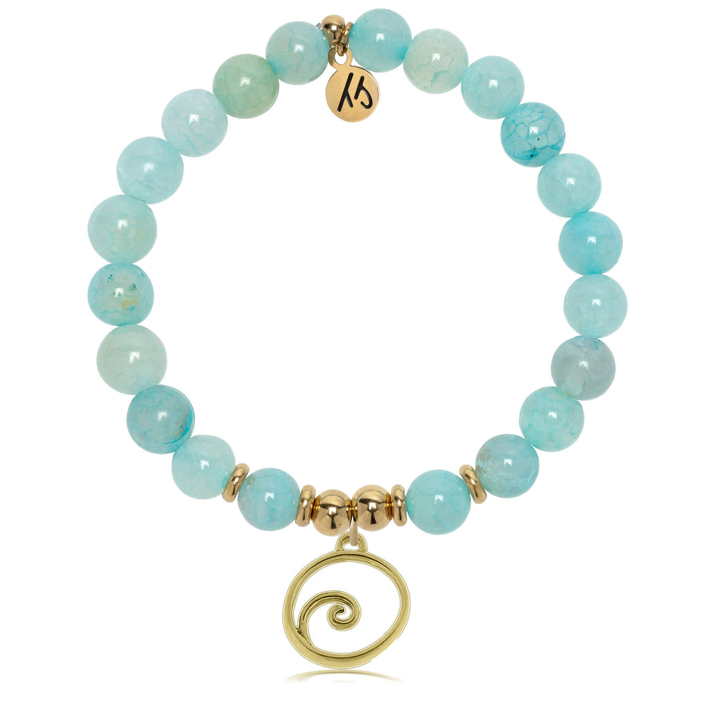 Gold Charm Collection - Aqua Fire Agate Gemstone Bracelet with Wave Gold Charm