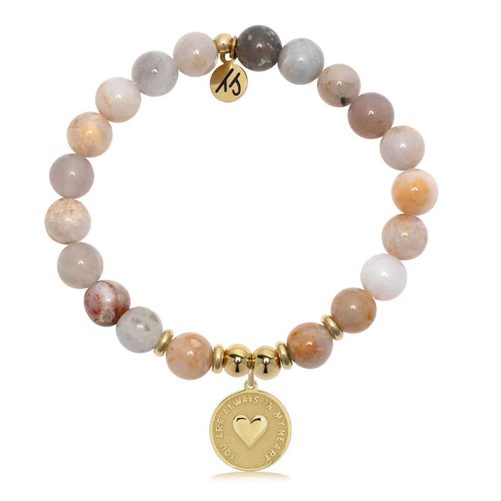 Gold Charm Collection - Australian Agate Gemstone Bracelet with Always in My Heart Gold Charm