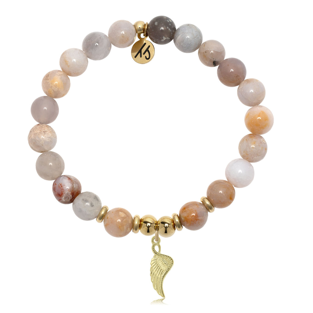 Gold Charm Collection - Australian Agate Gemstone Bracelet with Angel Blessings Gold Charm