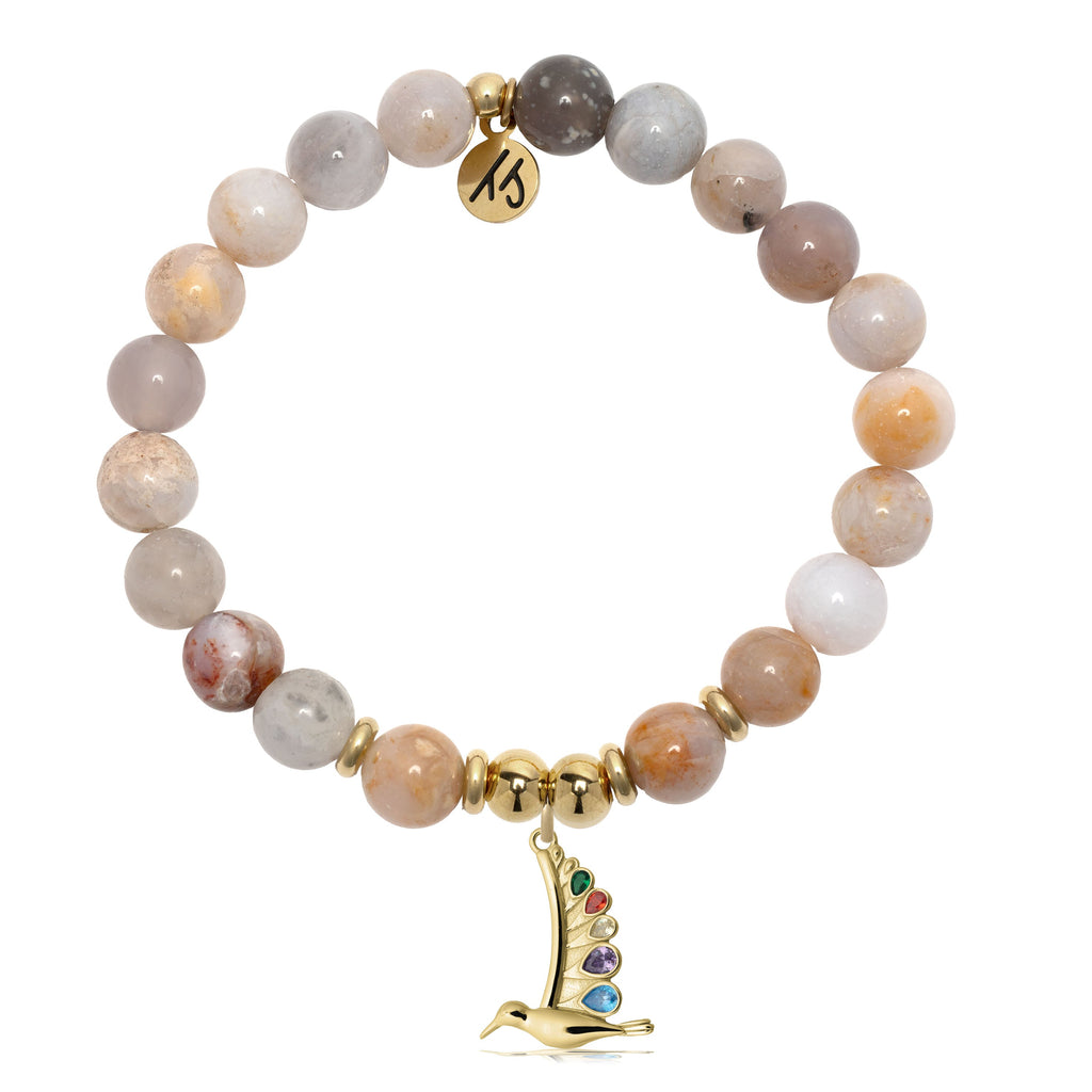 Gold Charm Collection - Australian Agate Gemstone Bracelet with Hummingbird Gold Charm