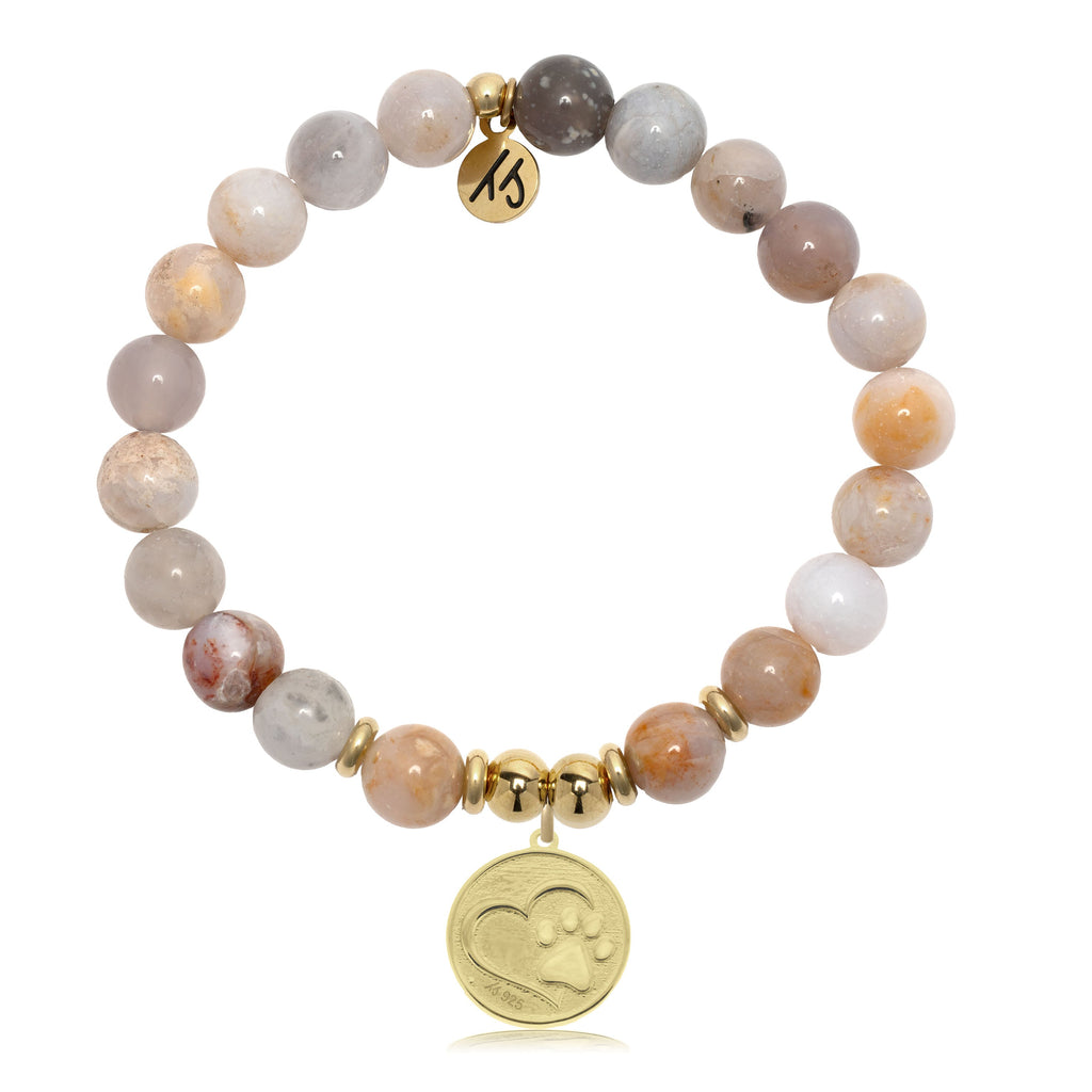 Gold Charm Collection - Australian Agate Gemstone Bracelet with Paw Print Gold Charm