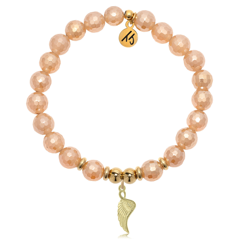 Gold Charm Collection - Champagne Agate Gemstone Bracelet with Angel Blessings Gold Charm