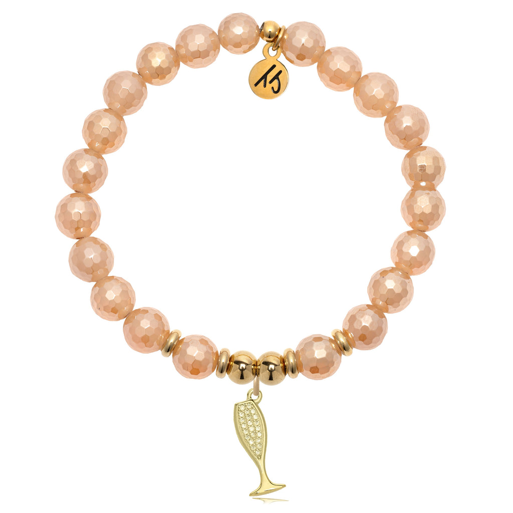Gold Charm Collection - Champagne Agate Gemstone Bracelet with Cheers Gold Charm
