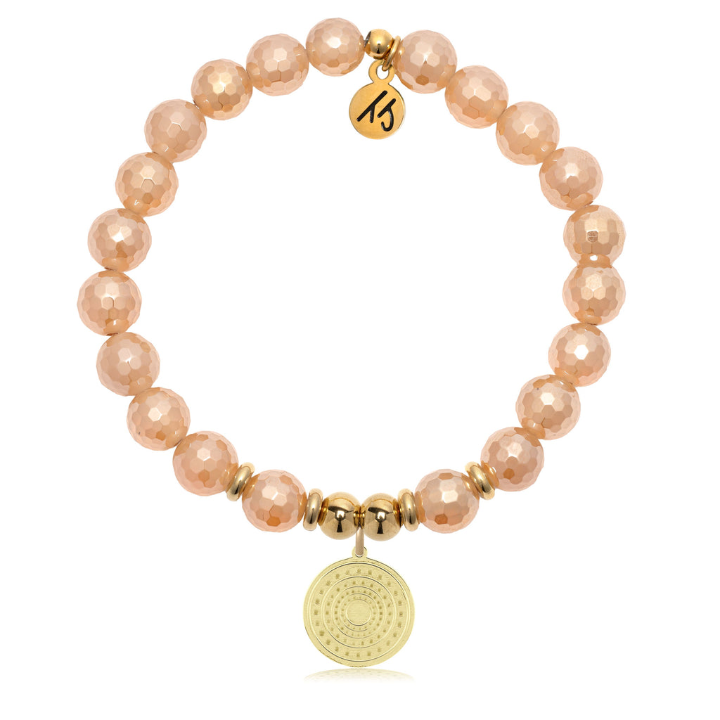 Gold Charm Collection - Champagne Agate Gemstone Bracelet with Family Circle Gold Charm