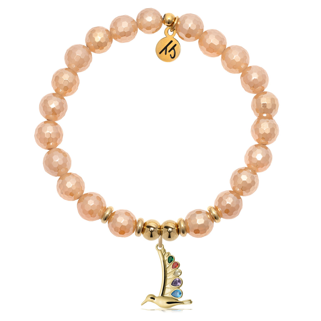Gold Charm Collection - Champagne Agate Gemstone Bracelet with Hummingbird Gold Charm